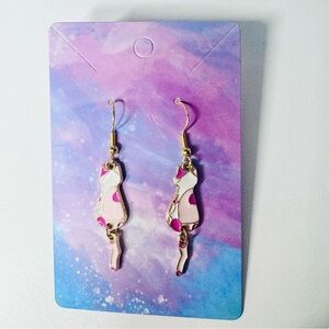 Pink cat earrings with gold stainless steel hooks dangle earrings